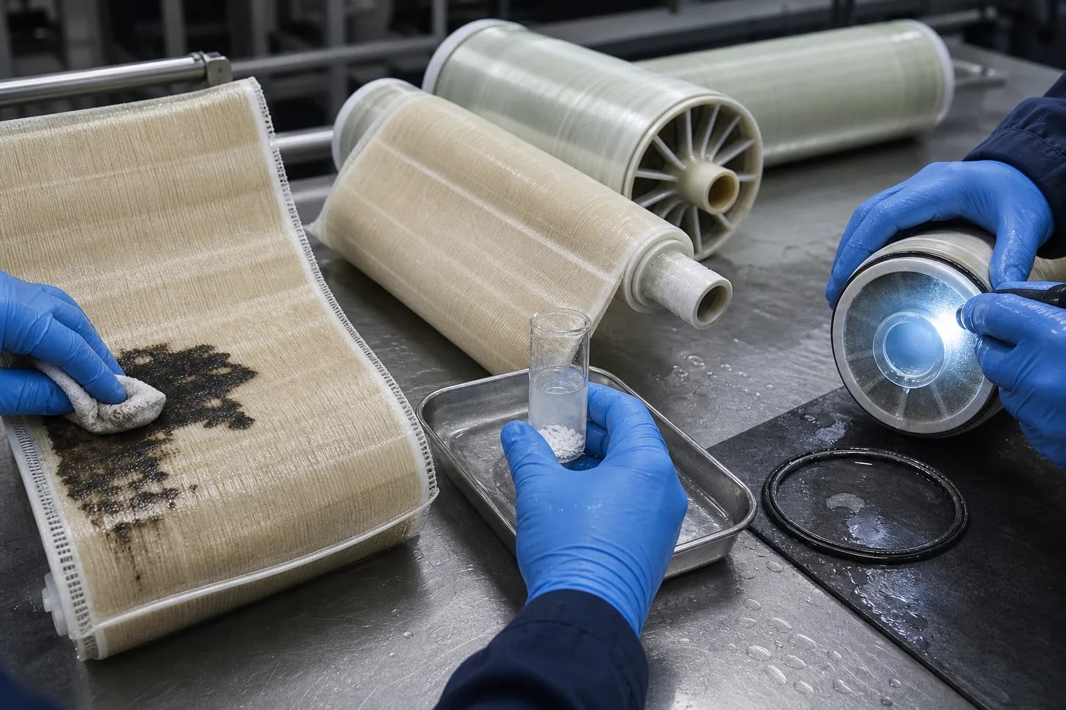 Autopsy must connect evidence, not just produce photographs：Spacer and fouled sheet、Deposit sample、Clean reference element、End component and seal