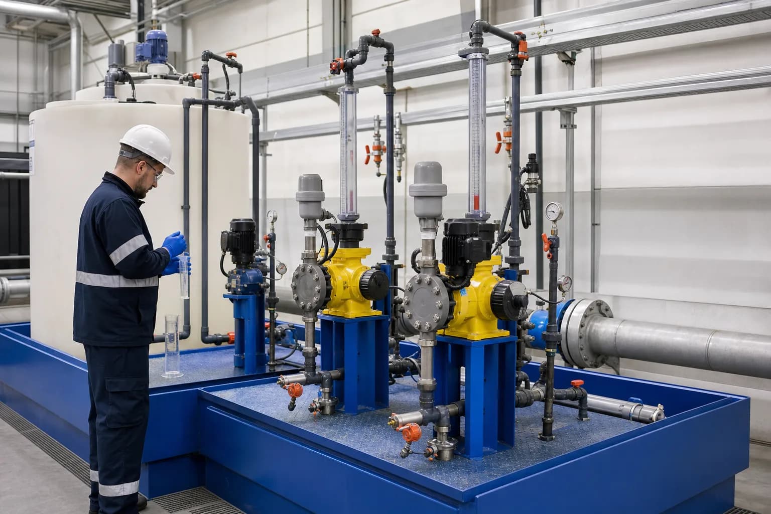How does a metering pump dose chemicals precisely?