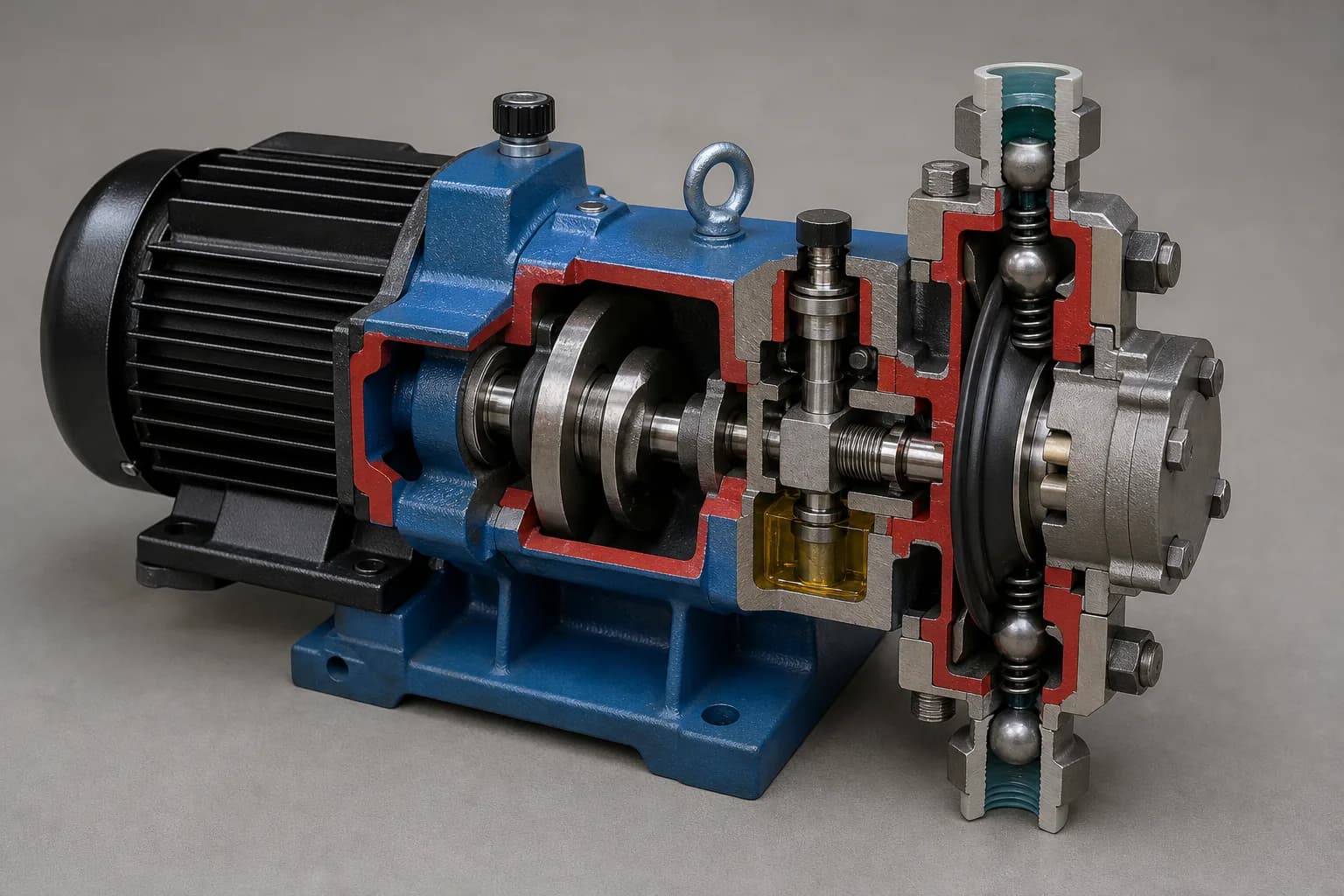 The cutaway converts eccentric rotation into diaphragm displacement while two checks enforce direction：Motor, reduction and eccentric、Stroke control, rod and return、Diaphragm and displaced chamber、Discharge/suction ball checks