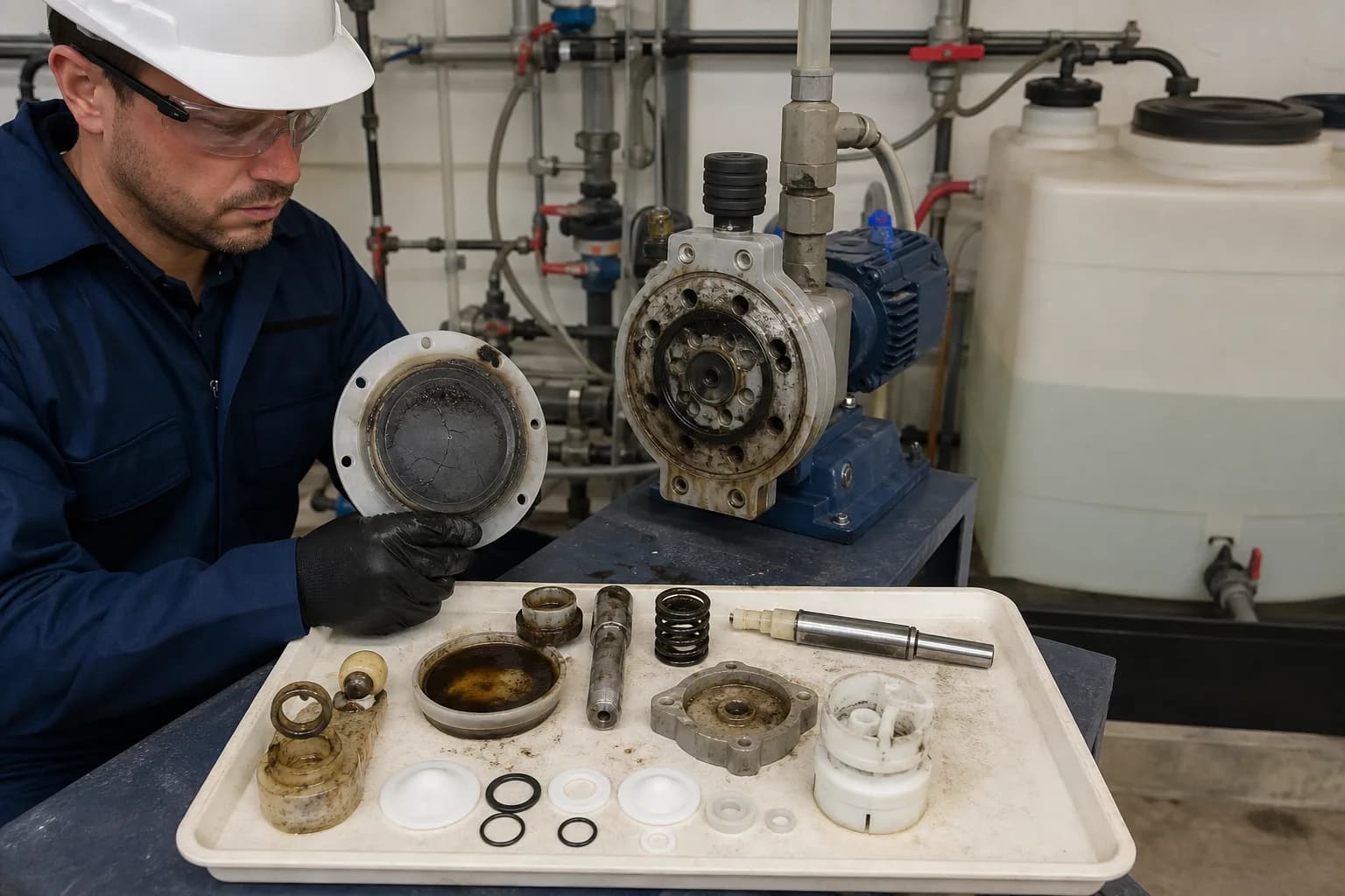 A cracked diaphragm, dirty checks and aged seals turn repeated strokes into leaks or backflow：Cracked/permeated diaphragm、Check balls, seats and springs、Rod/hydraulic compensation and return、O-rings, gaskets and leak detection