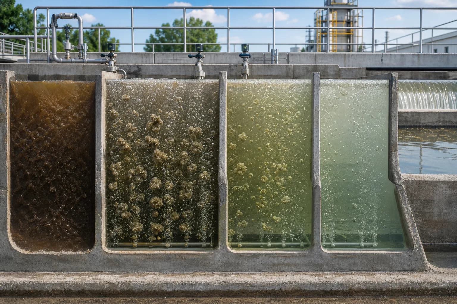 Serial zones separate high-load oxidation from polishing：Influent and return mixing、Main ammonia-oxidation zone、Nitrite-oxidation zone、Low-ammonia final zone