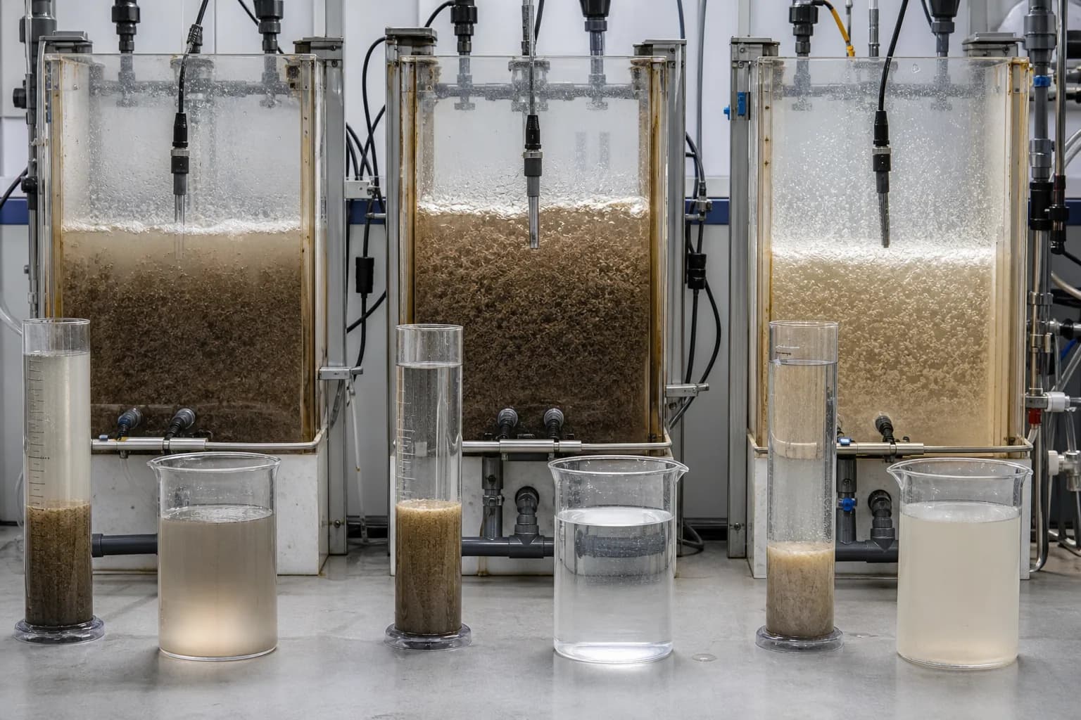 The same equipment can give complete, partial or failed nitrification：Stable complete nitrification、Nitrite accumulation、Low-SRT or inhibited reactor、Settling samples and supernatant