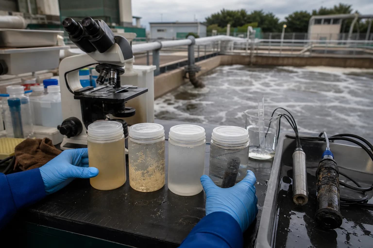 Diagnosis puts nitrogen, alkalinity, DO and sludge on one timeline：Influent, zoned and effluent samples、Sludge and biomass sample、DO, pH and temperature probes、Microscopy and activity tests