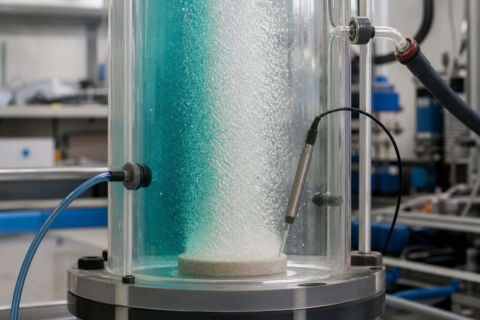 Microbubble mass transfer determines how much gas reaches the water：Porous microbubble diffuser、Ozone-rich gas inlet、Dissolved-ozone/oxidation probe、Untransferred off-gas outlet