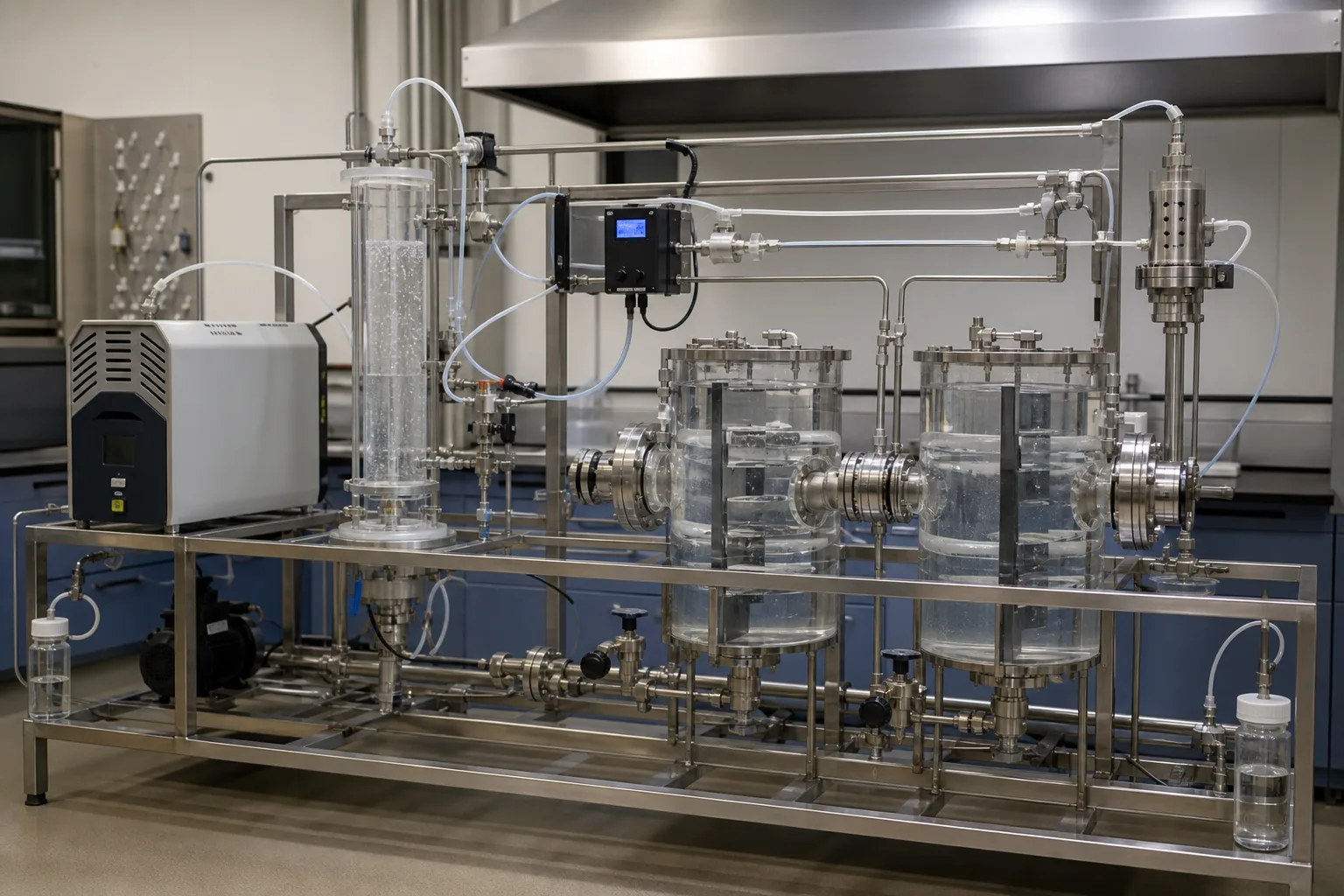 A pilot train separates generation, transfer, reaction, and off-gas measurement：Pilot ozone generator、Gas-liquid transfer bubble column、Staged contact reactors、Product/water/off-gas measurement train