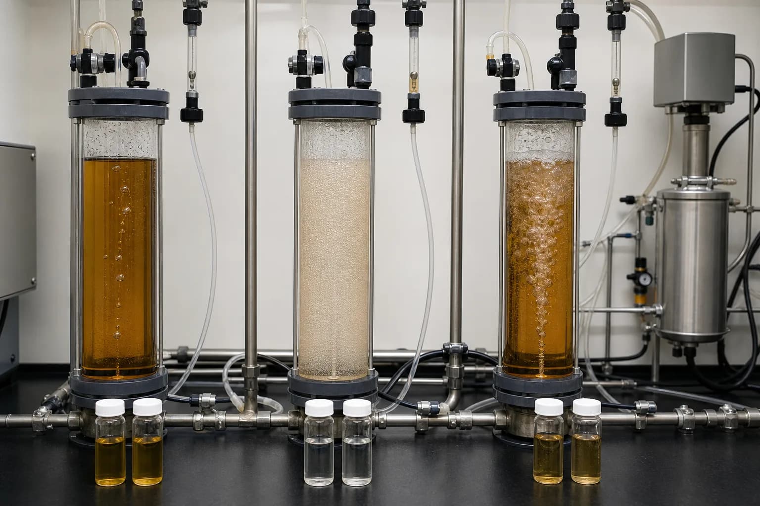 Parallel columns show underexposure, target operation, and high demand or off-gas loss：Low-exposure/target-remains column、Effective transfer and reaction column、High-demand/off-gas-loss column、Paired raw and treated samples