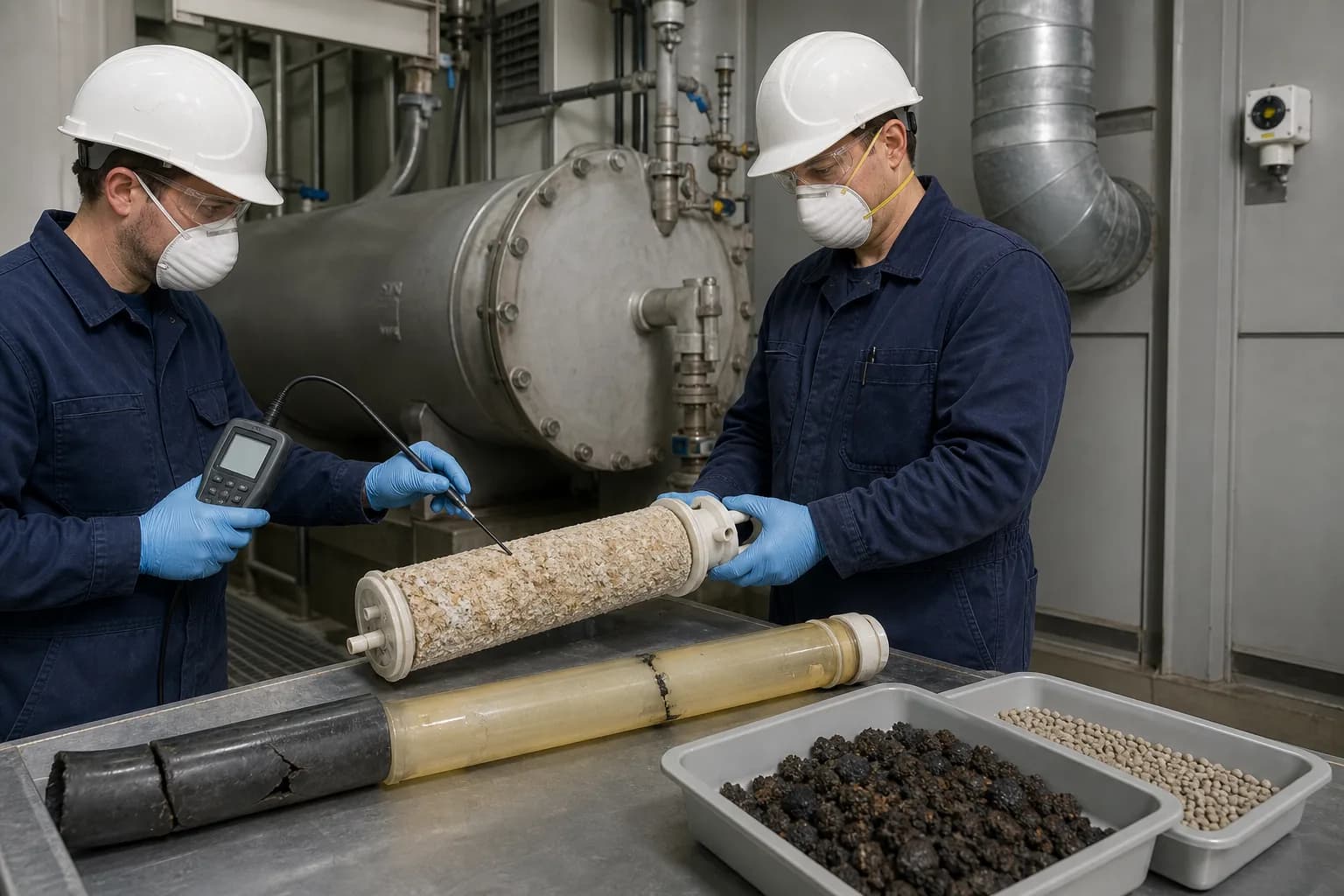 Scaled diffusers, aged materials, and spent media undermine transfer and safety：Scaled, plugged porous diffuser、Aged/cracked ozone-contact material、Deposit/catalyst/dryer-media samples、PPE, gas test, maintenance isolation