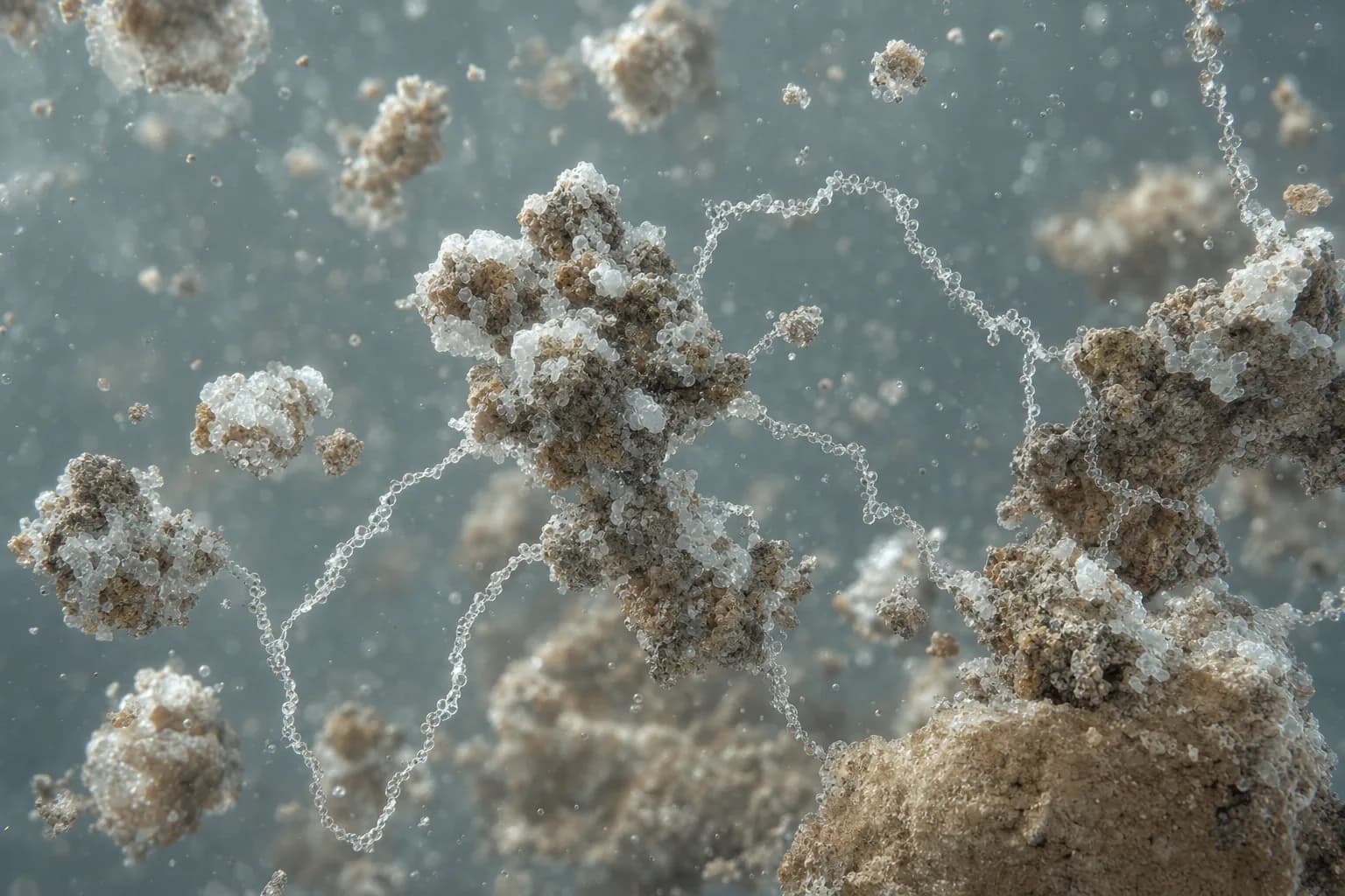 PAC creates bridgeable microfloc; PAM chains connect it：Original colloid core、PAC hydrolysis/primary floc、Long PAM chain、Multipoint adsorption bridge