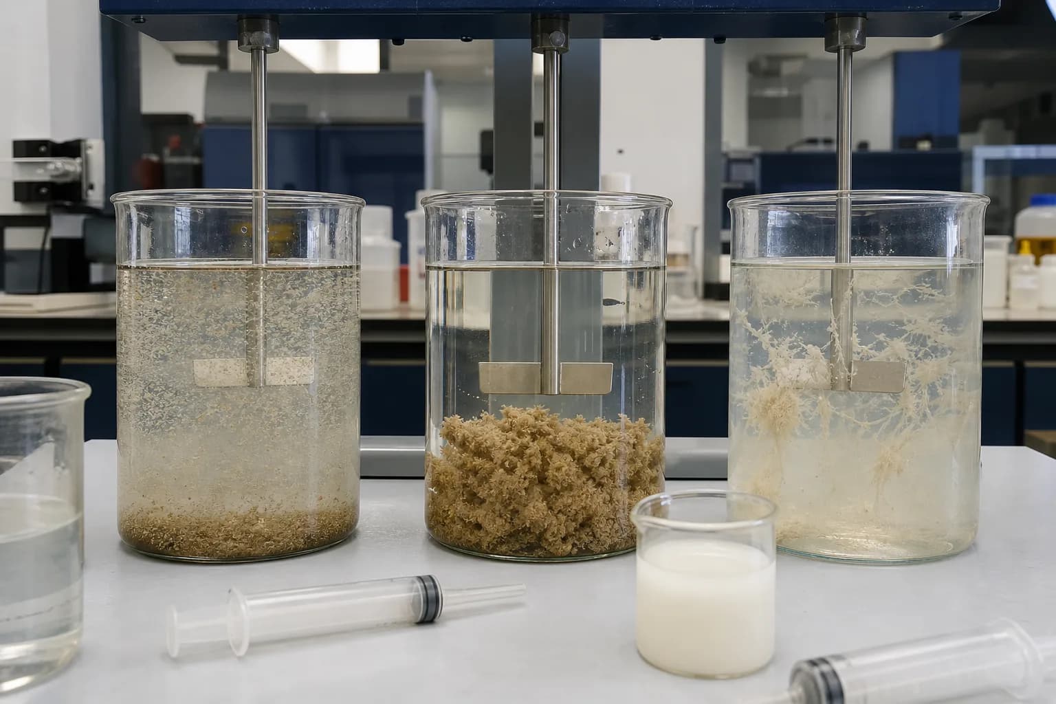 Jar tests separate weak destabilization, useful bridging and polymer excess：Low PAC: dispersed fines、Combined working window、PAM excess/mismatch、PAM solution and dose