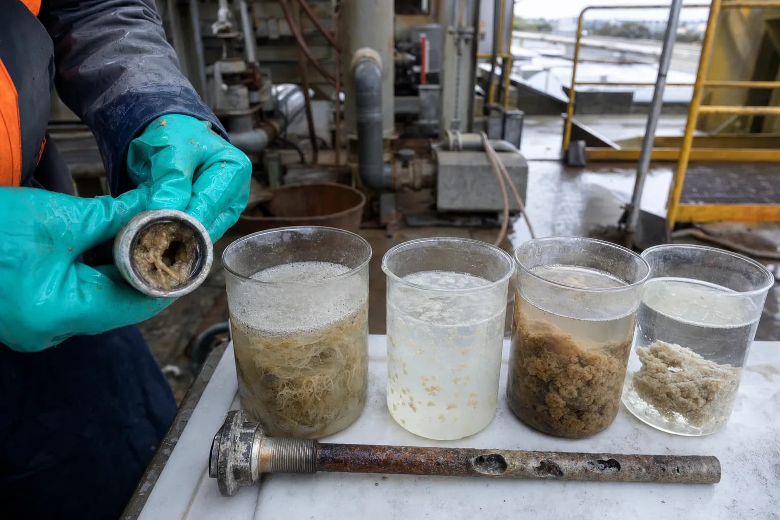 Troubleshooting must connect plugging, solution condition, jars and full-scale hydraulics：Blocked head/check valve、Staged floc/supernatant、Scaled injection hardware、Full-scale mixing/separation