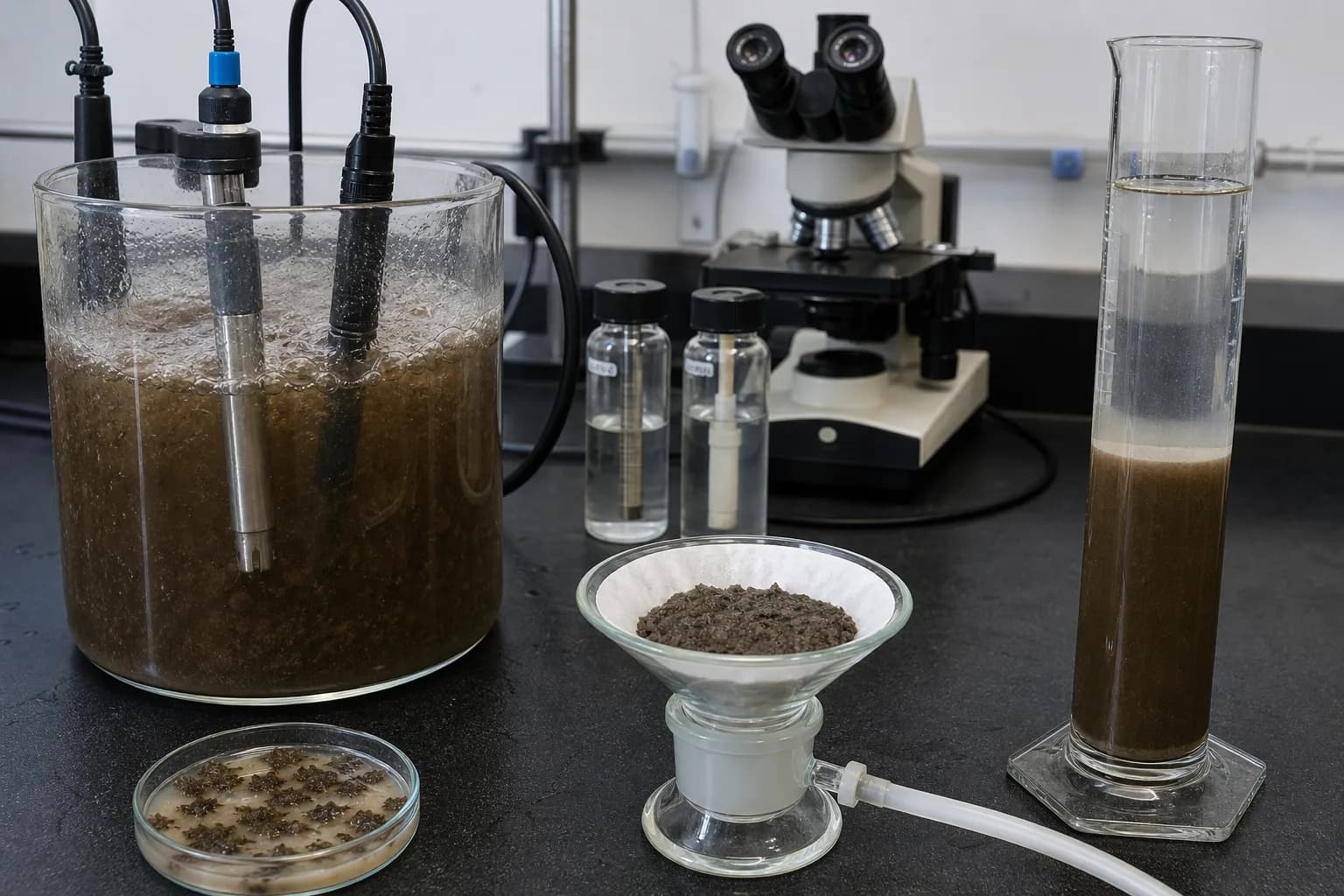 The bench separates what each measurement actually sees：DO: local dissolved-oxygen concentration、ORP: combined redox potential、Dry filter mass: MLSS、30-min interface: SV30/SVI