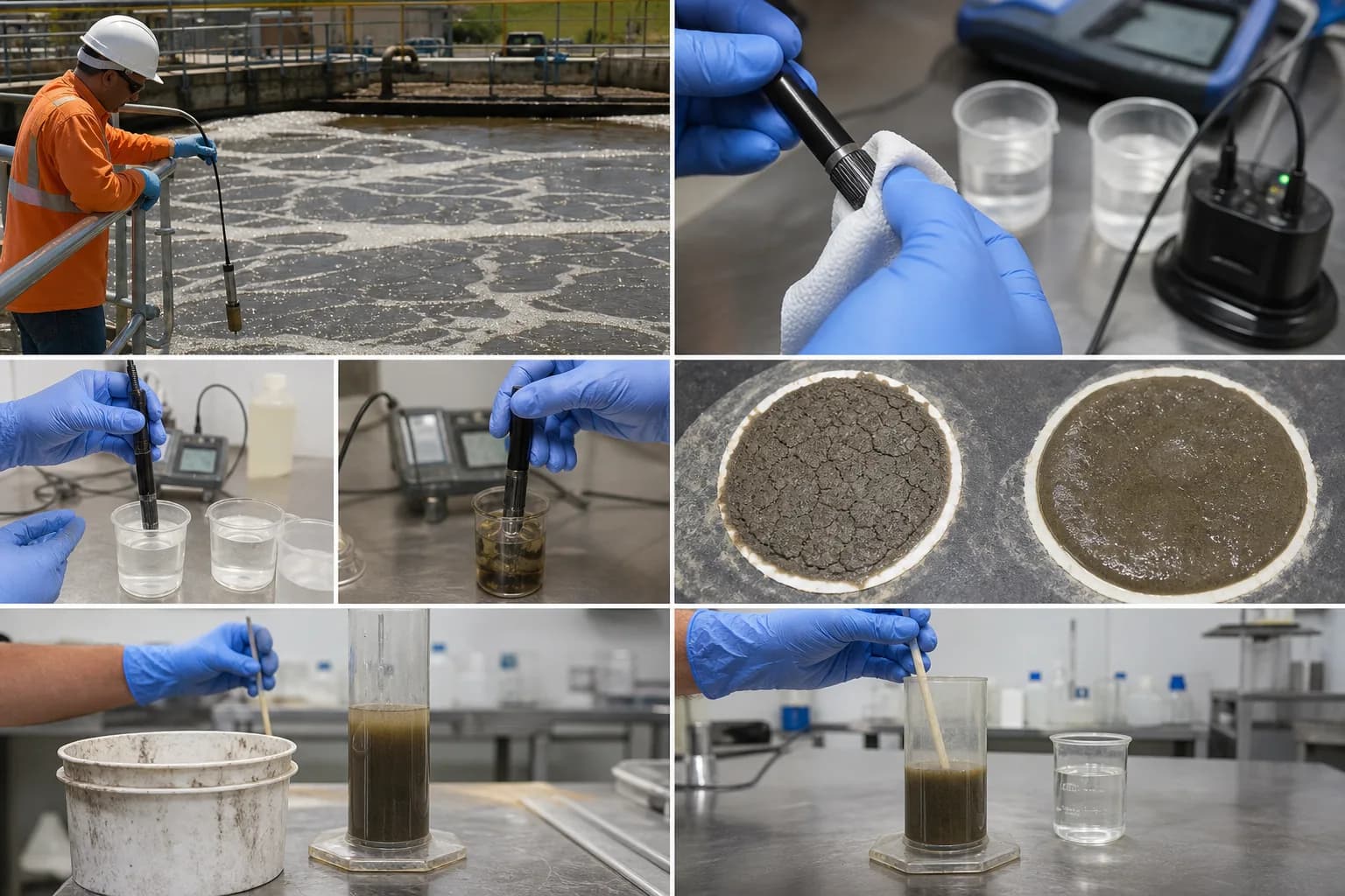 Final QA checks probe condition, laboratory repeatability and settling-method consistency：Probe location, fouling and flow、Cleaning, standard and reference meter、MLSS filter drying/weighing/sample、SV30 cylinder, mixing, timer/interface