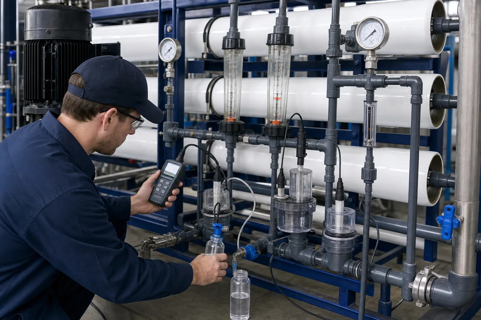 Gauges, rotameters and conductivity cells measure force, quantity and ions at one moment：Stage inlet/outlet pressure gauges、Permeate and concentrate rotameters、Inline conductivity cell and temperature、Portable meter and same-point sample