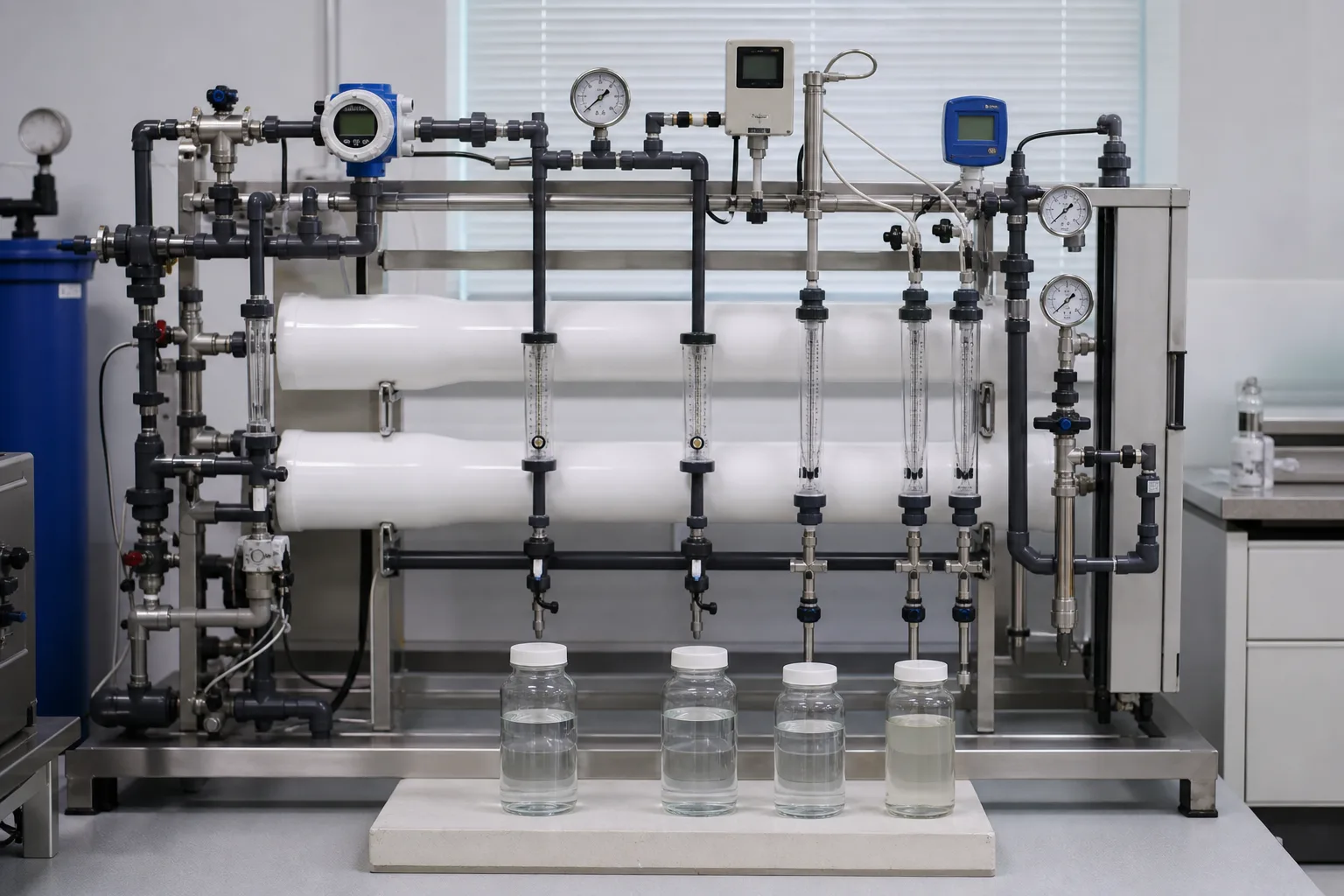 A transparent rig turns feed, permeate and concentrate into explicit water and salt balances：Feed flow and pressure reference、Permeate/concentrate branch flows、Feed/concentrate pressure and conductivity、Paired samples and balance result