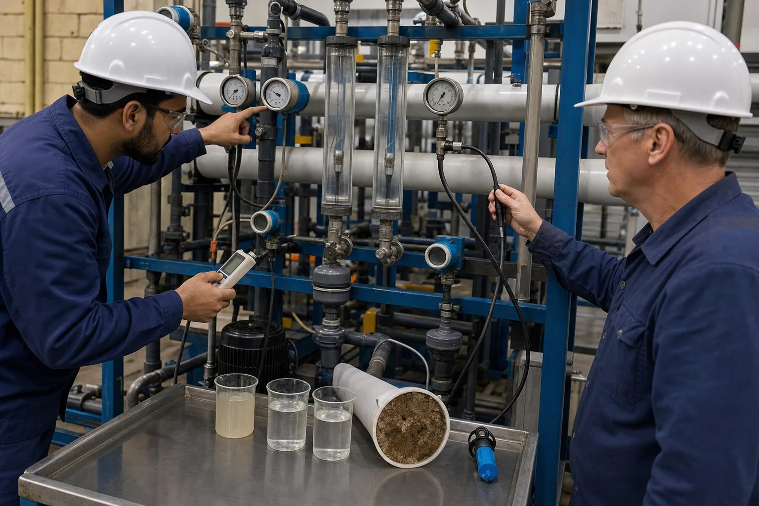 Operators connect trends to gauges, independent conductivity, samples and a fouled element：Gauge/transmitter cross-check、Online versus portable conductivity、Feed, permeate and concentrate samples、Fouled element and deposit evidence
