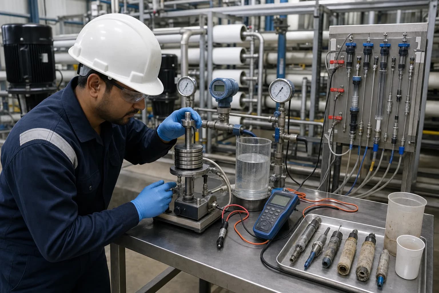The maintenance bench shows that sensors themselves are diagnostic suspects：Operating gauge/transmitter reference、Portable conductivity meter and standard、Flow cell, sampling line and probe set、Fouled or aged pressure/flow/conductivity sensors