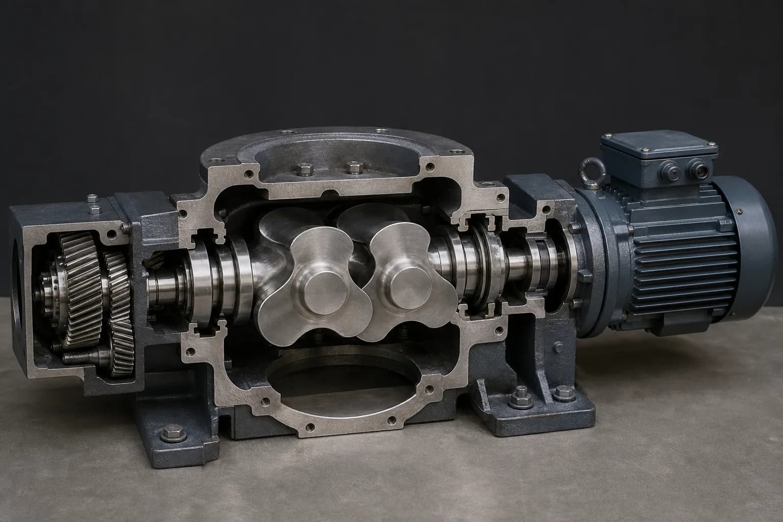 The Roots cutaway shows timing gears holding non-contacting lobes in phase：Timing gears and phase、Twin three-lobe rotors / clearances、Inlet–trapped pocket–outlet path、Motor, bearings and seals