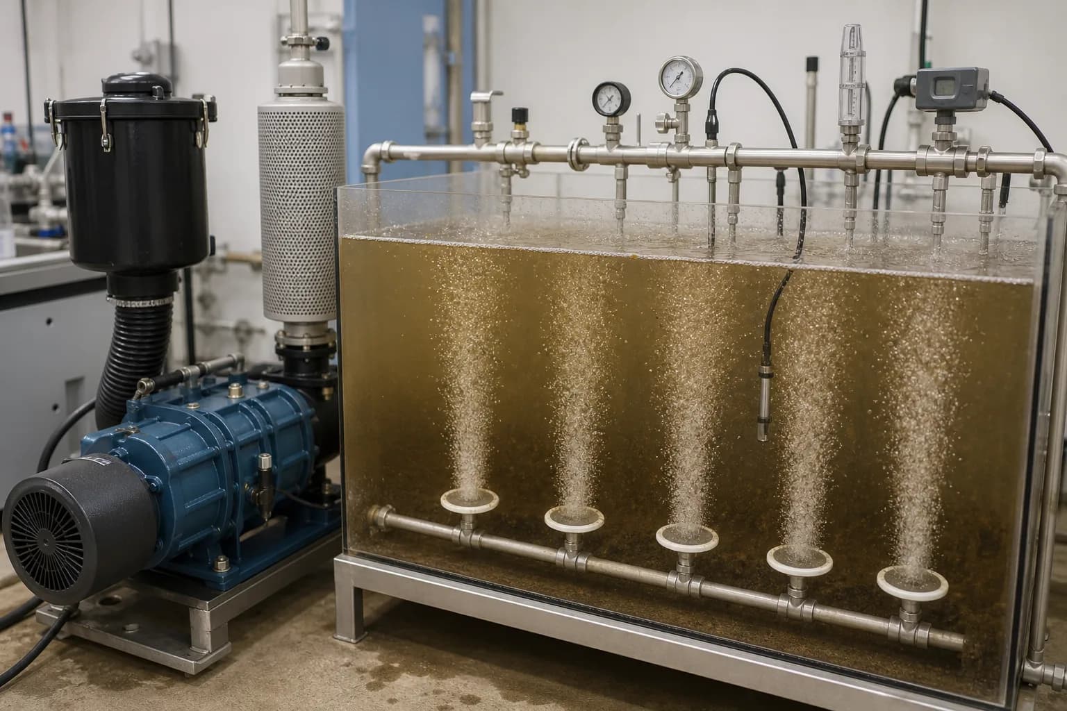 A transparent rig puts blower flow, header pressure, bubble plumes and DO in one test：Roots blower and inlet conditioning、Header pressure/flow and zone valves、Disc diffusers and bubble plumes、DO/temperature probe and response