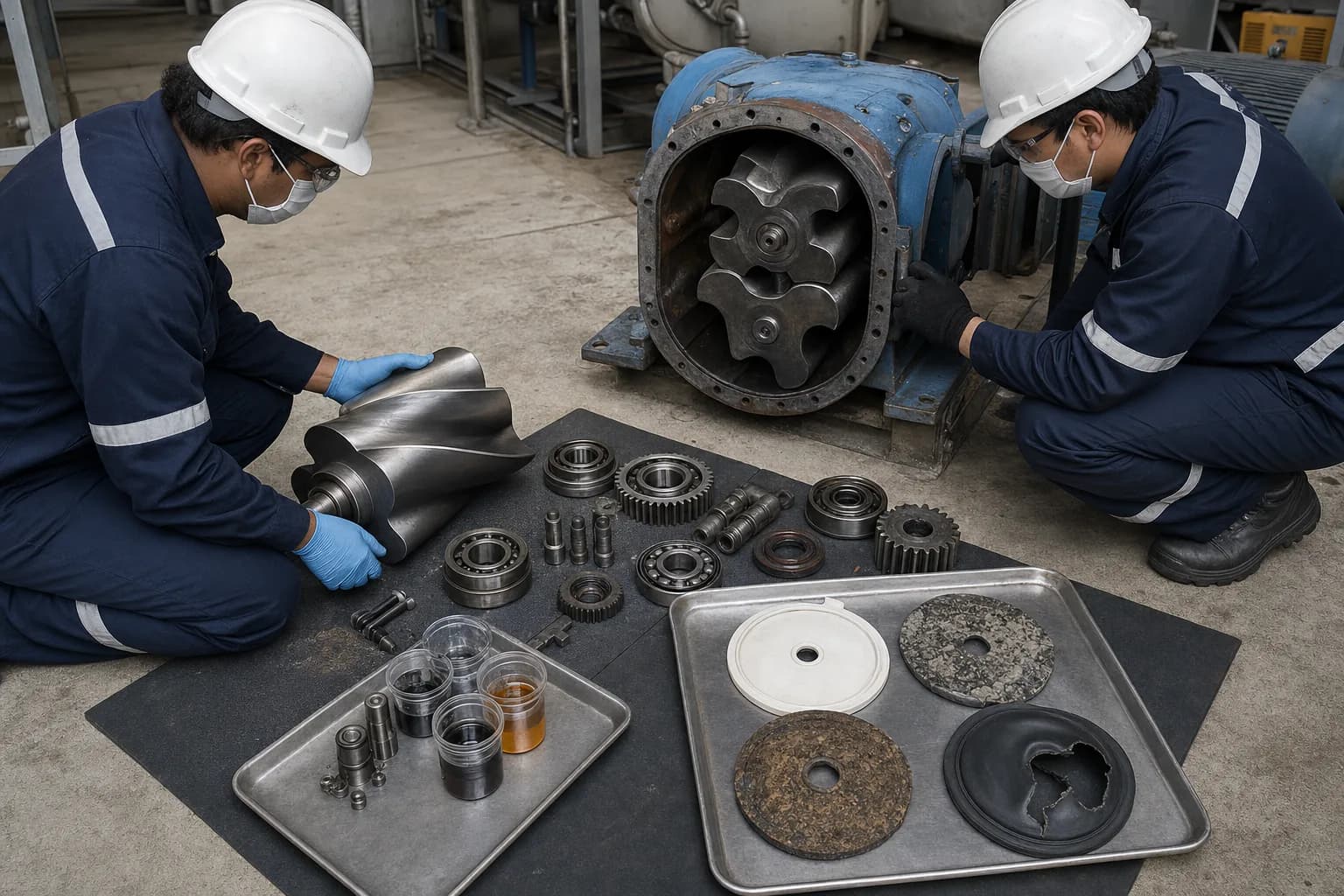 Rotor clearances, gears/bearings and diffuser membranes jointly determine useful aeration：Roots rotor surfaces and clearance、Timing gears, bearings and lubrication、Scaled/biofouled diffuser disc、Torn/hardened membrane and check
