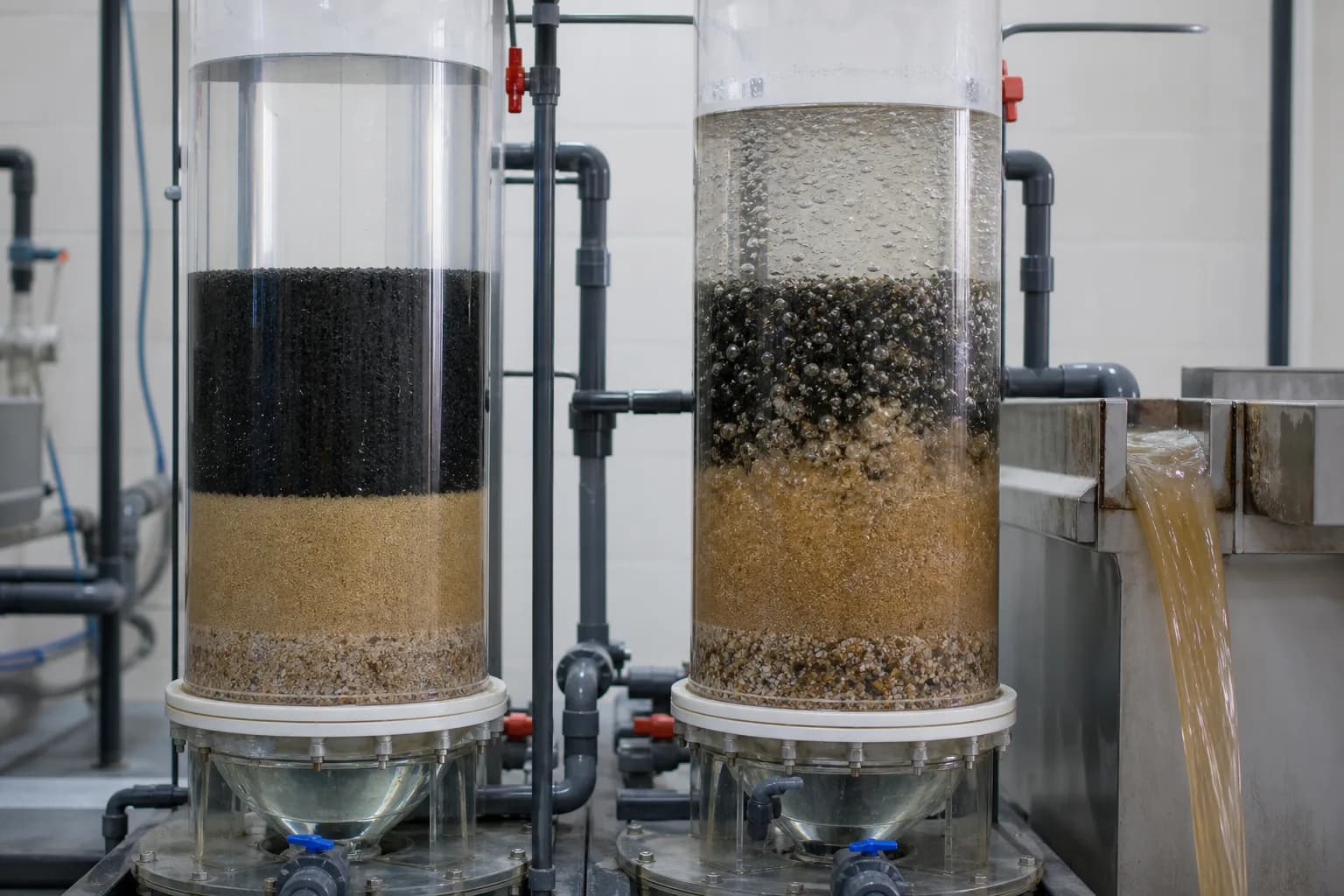 Filtration flows down and backwash flows up through the same bed：Downflow through a fixed bed、Media and support layers、Upflow wash water/air scour、Expanded bed and dirty wash water
