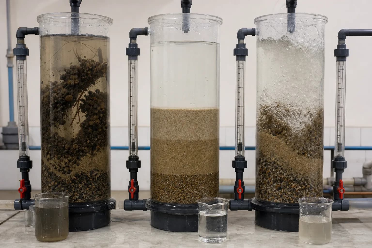 Three columns separate underwash, an effective window, and over-wash：Mudballs, binding, and channels、Uniformly cleaned bed、Over-expansion and media-loss risk、Post-wash samples and media loss
