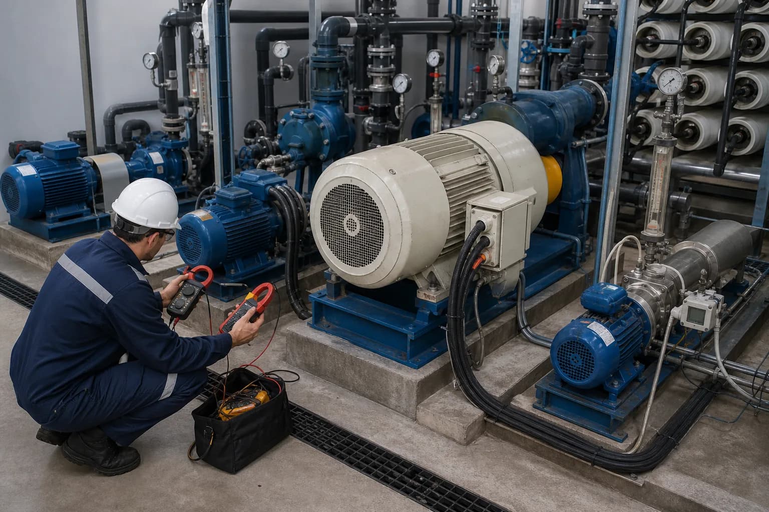 Field electrical, flow and pressure checks connect motor input to pump hydraulic output：Three-phase current, voltage and power factor、Main HP motor, coupling and pump、Booster/low-pressure pump and flow-pressure meters、RO rack flow and backpressure load