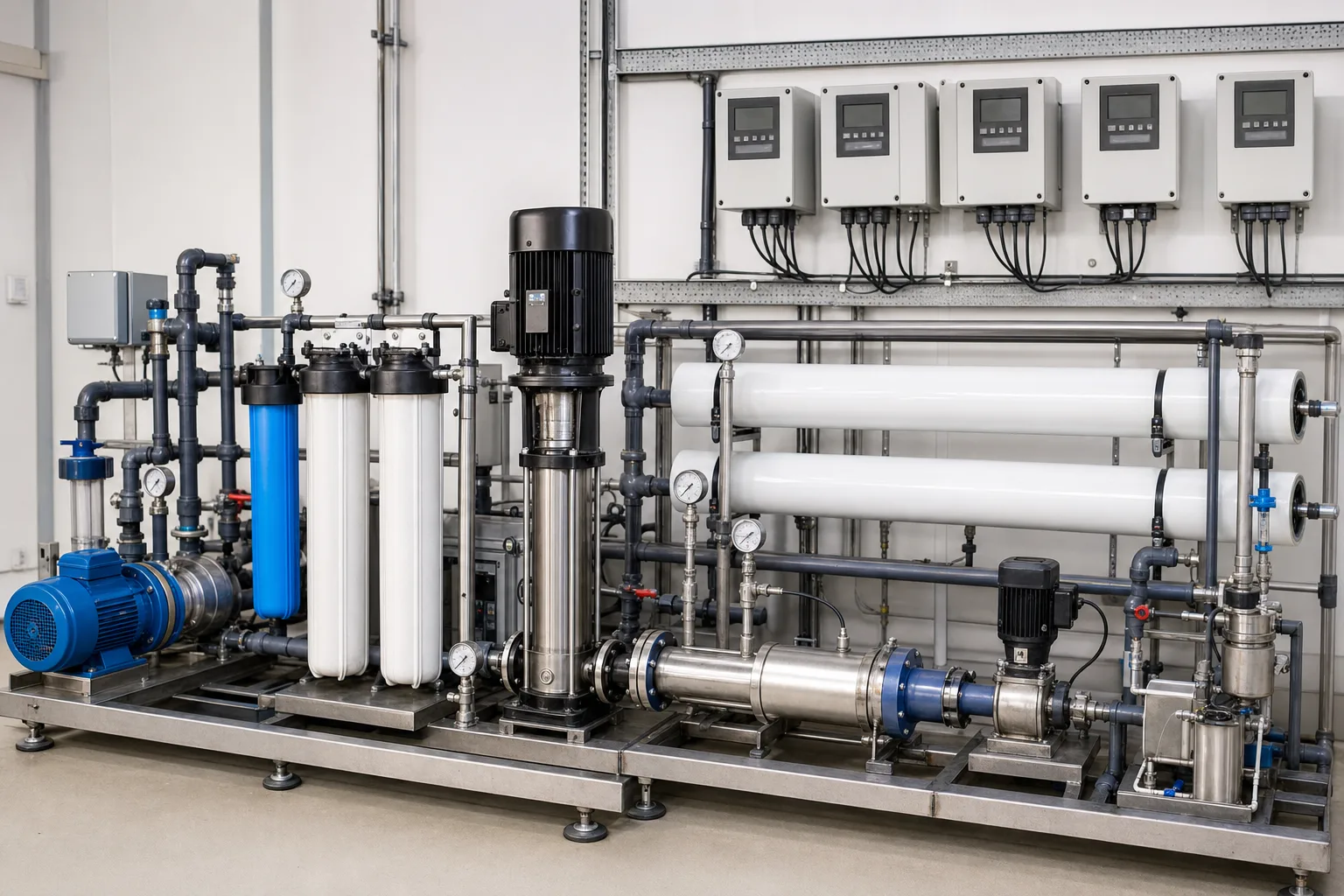 A compact skid shows low-pressure feed, guard filters, HP pump, RO array and control power：Low-pressure feed pump and guard-filter loss、Vertical HP pump and pressure instruments、RO vessels with permeate/brine split、VFD controls, auxiliary pump and instruments