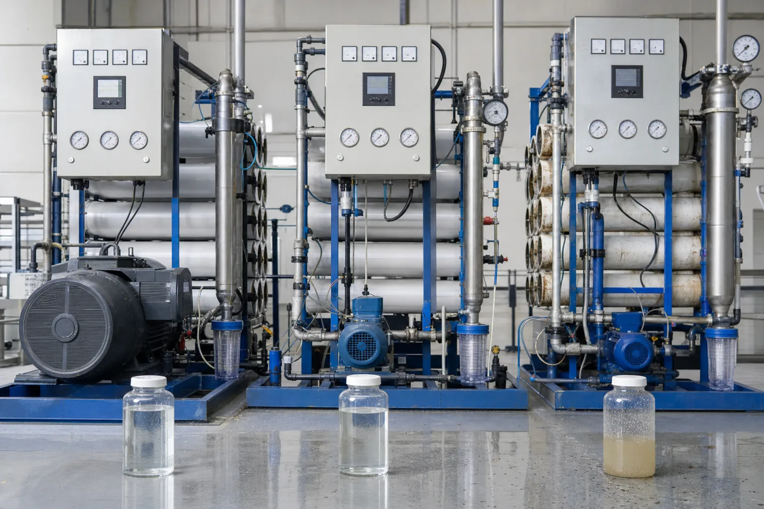 Three parallel cases compare clean baseline, pressure-flow optimization and fouled high-loss operation：Clean efficient pump-membrane baseline、VFD pressure-flow optimization case、Fouling/scale with DP and flux loss、Matched feed, qualified permeate and brine samples