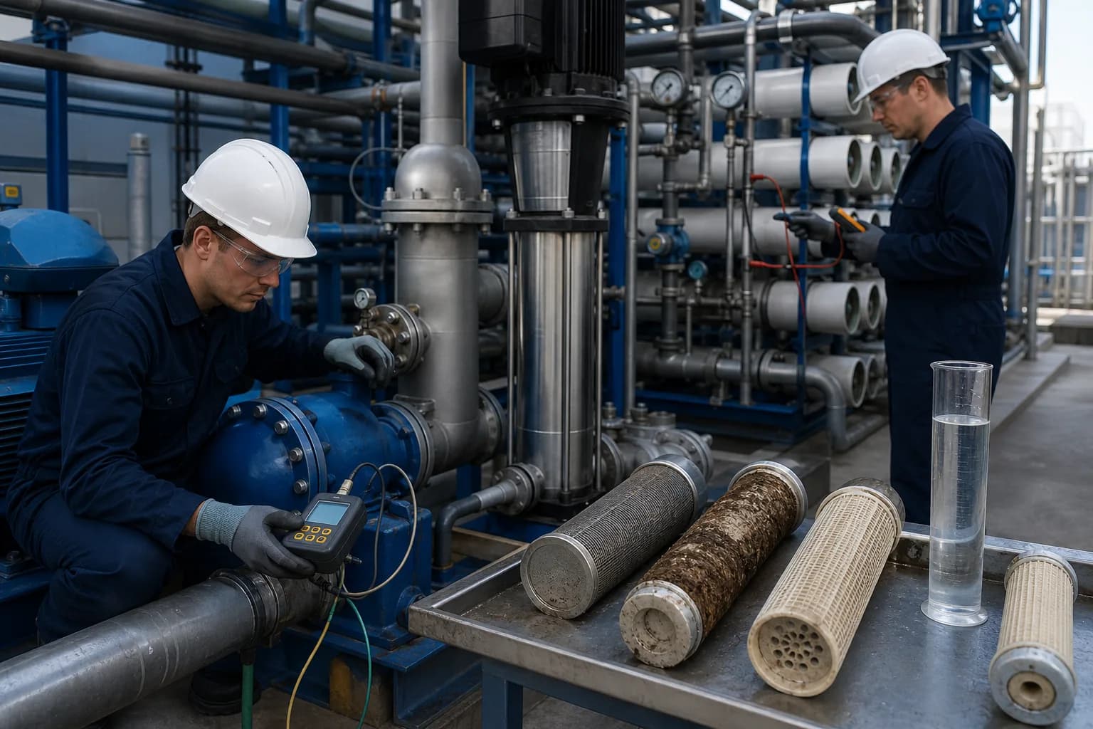 Field diagnosis combines pump/ERD pressure path, membrane racks and fouled cartridge evidence：HP pump/ERD connection and pressure boundary、Vertical booster or HP pump and instruments、RO vessels and high-pressure brine path、Cartridge foulant, branch samples and DP evidence