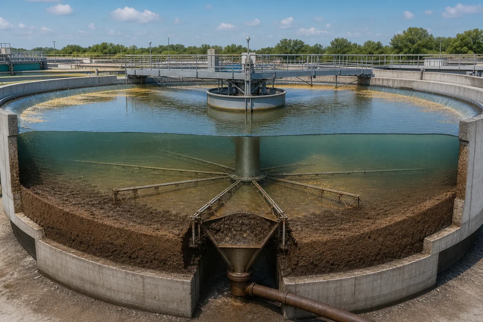 The cutaway connects clarification, zone settling, compression and RAS recovery：Feedwell discharge zone、Rising clarified-water flow、Settling/compression blanket、Collector to RAS/WAS outlet
