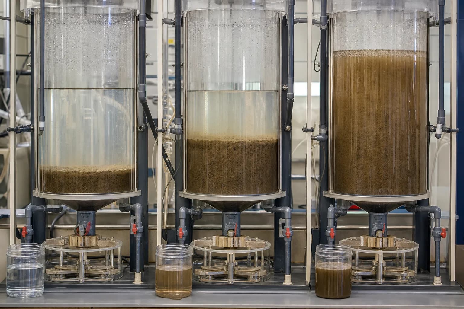 Settling columns separate concentration effects from low-density sludge：Normal clear zone/compact sludge、Diluted settling comparison、High fluffy blanket、Fine-solids supernatant sample