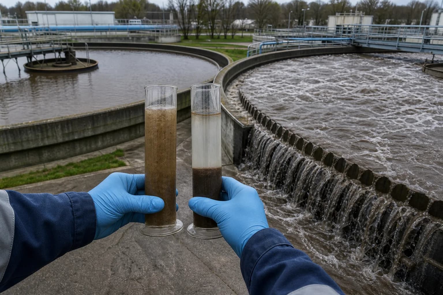 Diagnosis aligns settling tests, blanket behavior and operating context：Original mixed-liquor settling、Diluted/control settling、Clarifier blanket and surface、Adjacent aeration-basin state