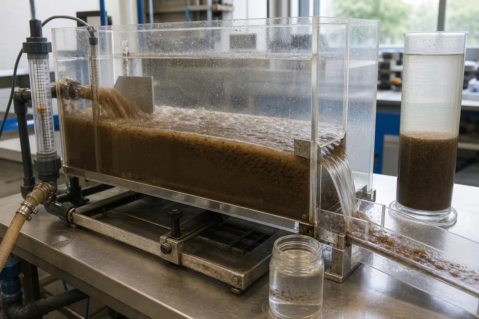 A hydraulic model shows that good sludge can overflow under inlet energy and excess flux：Peak feed/recycle inlet jet、Feedwell/baffle density current、Lifted blanket and weir plume、Good-settling same-time cylinder