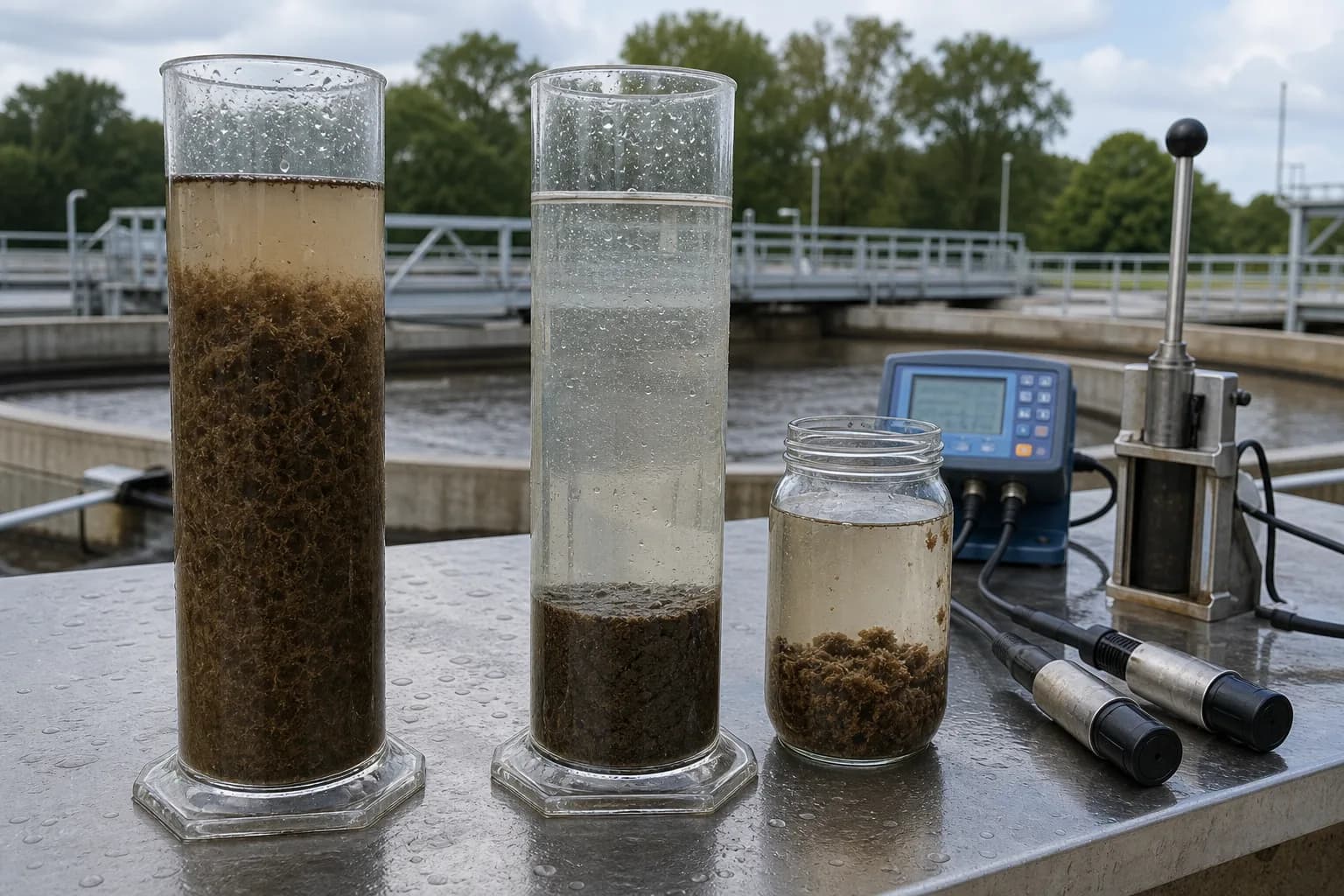 Three samples separate bulking, normal settling and denitrification rising sludge：Bulky high-SVI sample、Normal settling/compaction、N₂-bubble rising sludge clumps、DO/ORP and blanket evidence
