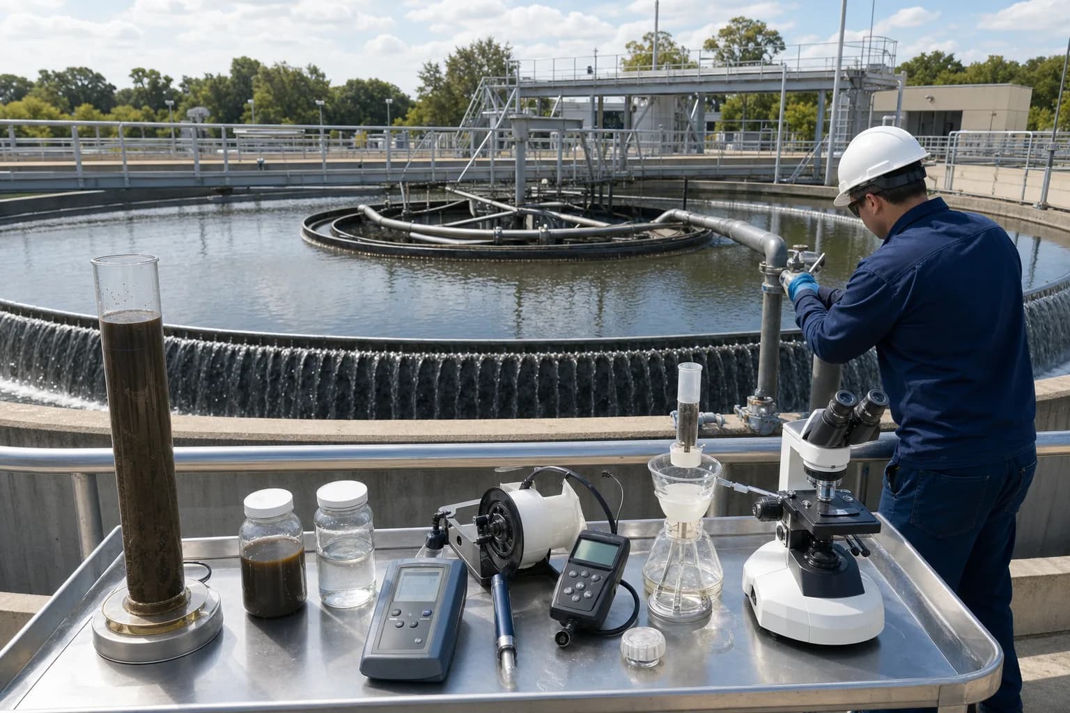 Final diagnosis joins whole-tank hydraulics, blanket, solids tests and microscopy：Feedwell–blanket–peripheral weir hydraulics、Blanket depth and RAS removal、SVI/supernatant/MLSS/effluent TSS、Microscopy, DO/ORP and event trend