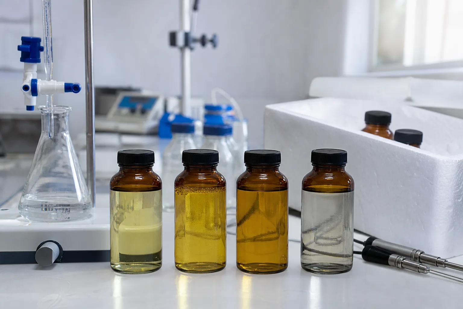 Sample and titration comparisons show storage-dependent strength loss：Available-chlorine analysis、Fresh-batch baseline、Age/temperature comparison、Degraded or contaminated sample