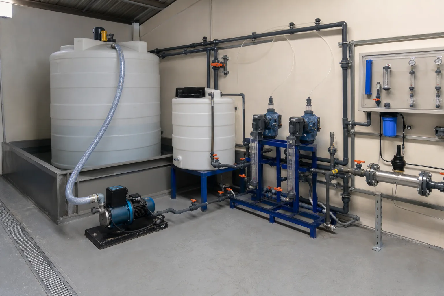 Bulk tank, day tank, metering pumps, calibration columns, and injection form a traceable mass chain：Bulk inventory and containment、Day/buffer vessel and suction、Duplex pumps, valves, calibration、Injector, process pipe, instrument