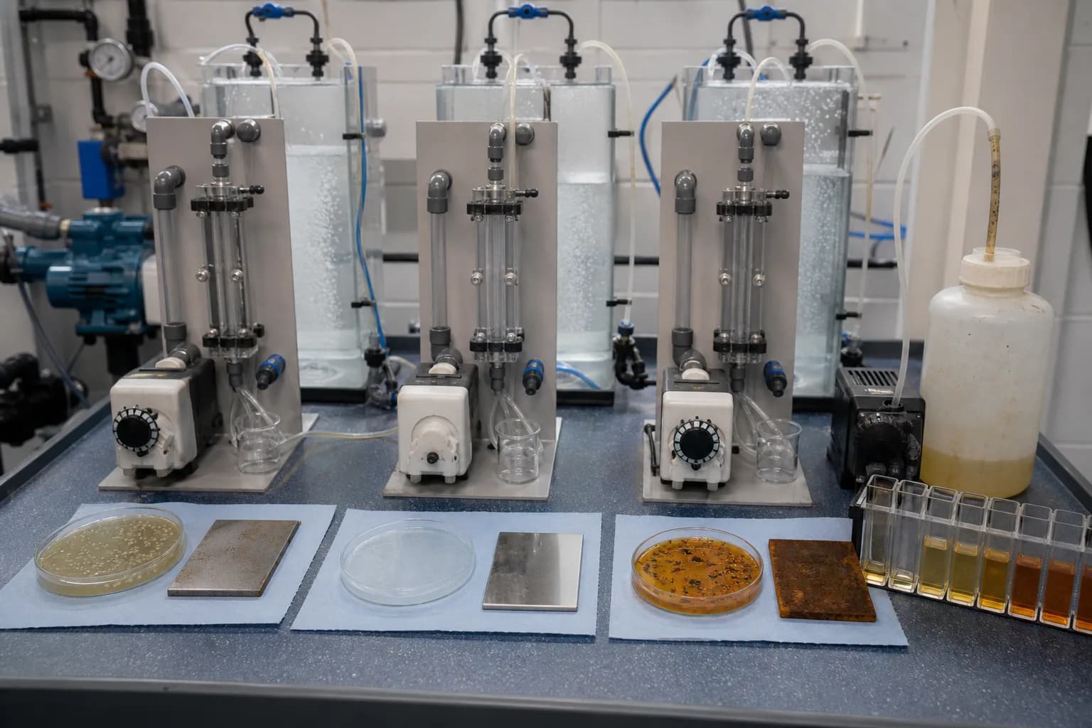 Parallel tests expose underdose, target treatment, and overfeed/corrosion together：Underdose/microbial survival、Target dose and contact、Over-residual/corrosion condition、Culture, coupon, and residual evidence