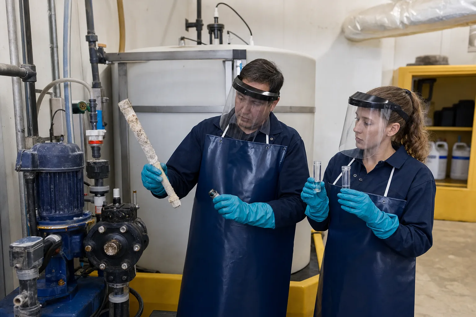 Crystals and gas lock can turn a running head into zero chemical delivery：Metering head and check valves、Crystallized injection component、Face shield, gloves, chemical apron、Stock/process residual samples