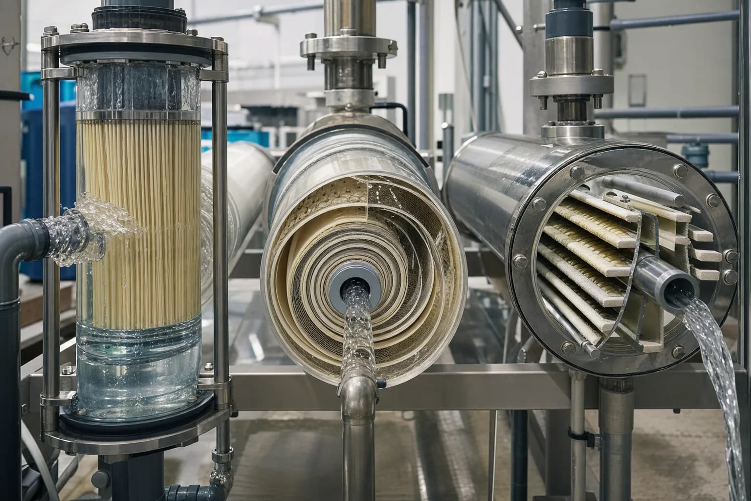 Module construction controls how water meets the membrane：UF fiber bundle、Spiral membrane leaves、Feed spacer、Permeate tube