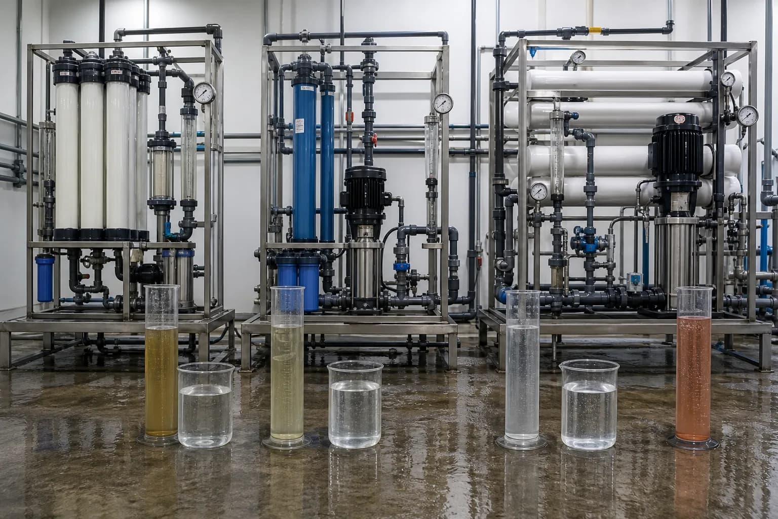 The three systems pursue different product-water goals：UF: particle barrier、NF: softening/organics、RO: desalination、Concentrate/waste