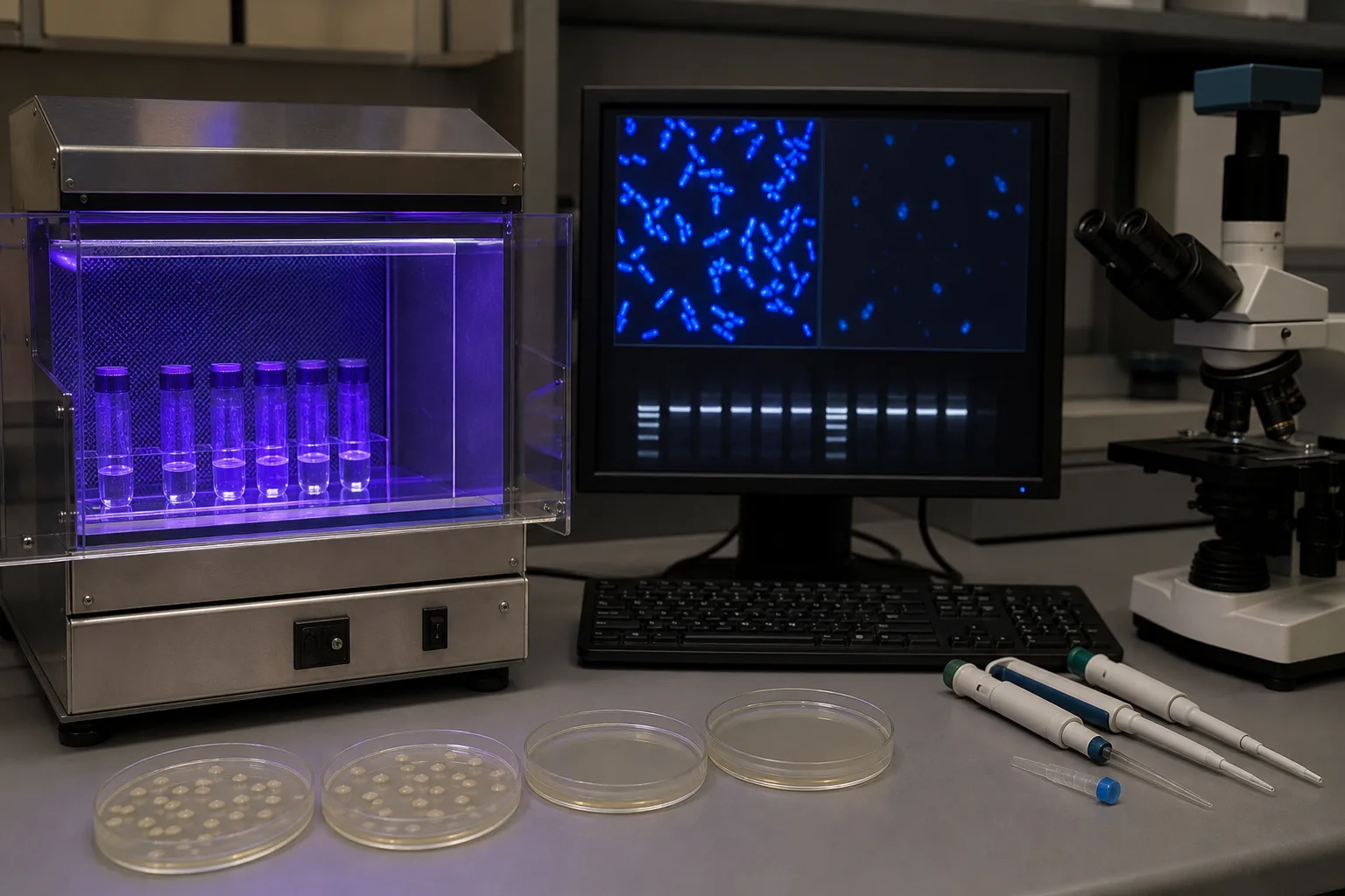 Bench dose-response work links controlled exposure to inactivation：Controlled UV exposure apparatus、Grouped equal-volume samples、Before/after microscopy or molecular result、Paired culture and quantification