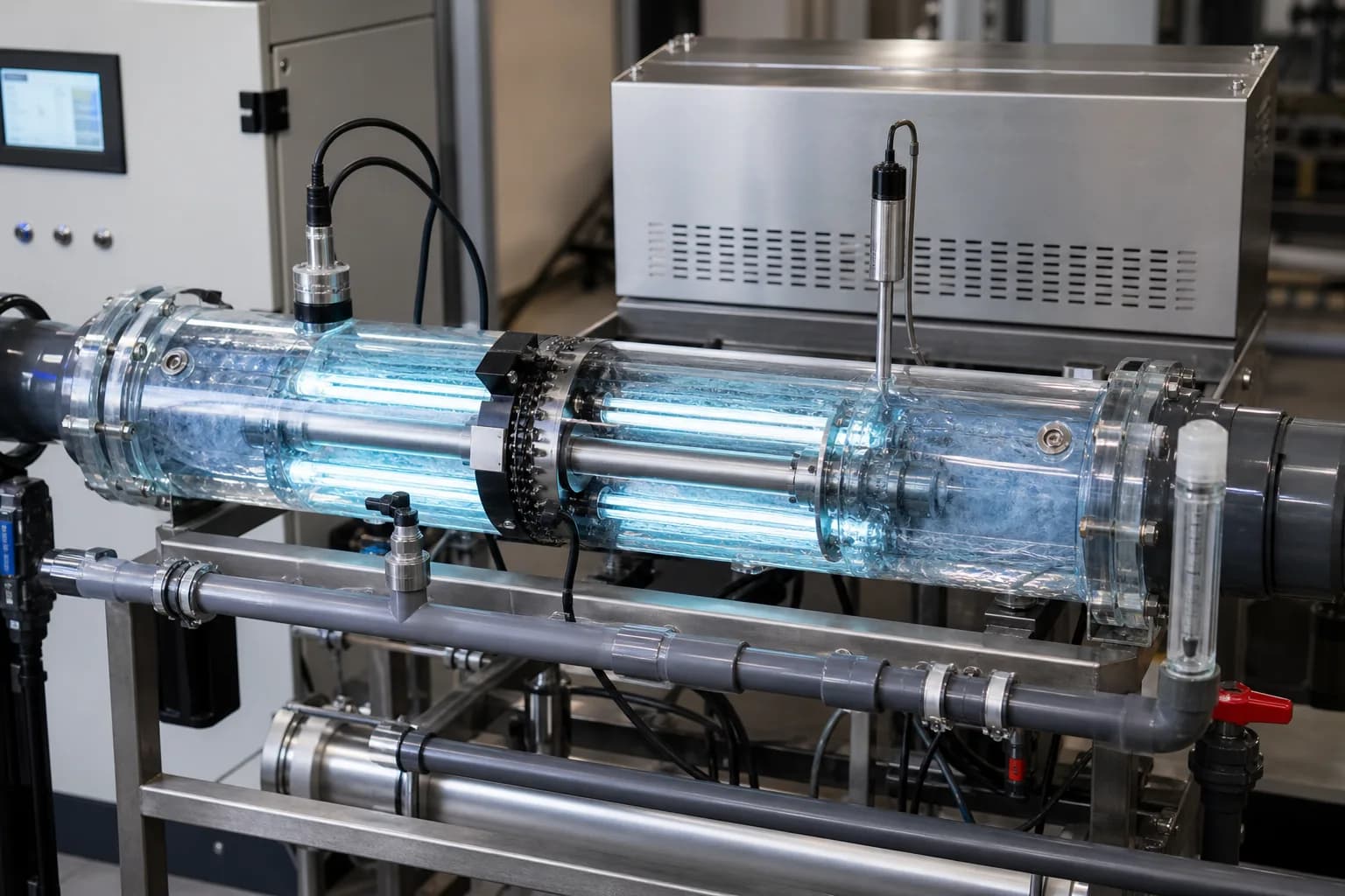 A transparent reactor shows how lamps, sleeves, water, and sensors create dose：UV lamp and quartz sleeve、Irradiated flow chamber、Online UV intensity sensor、Inlet, outlet, and hydraulic path