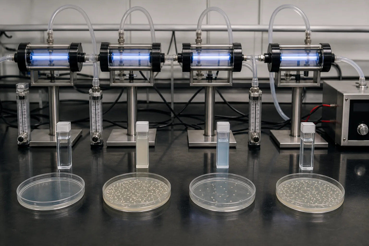 Parallel tests separate underdose, target operation, and excess margin：Different flow/dose reactors、Independent flowmeters and control、UVT/absorbance cuvettes、Dose-response culture plates