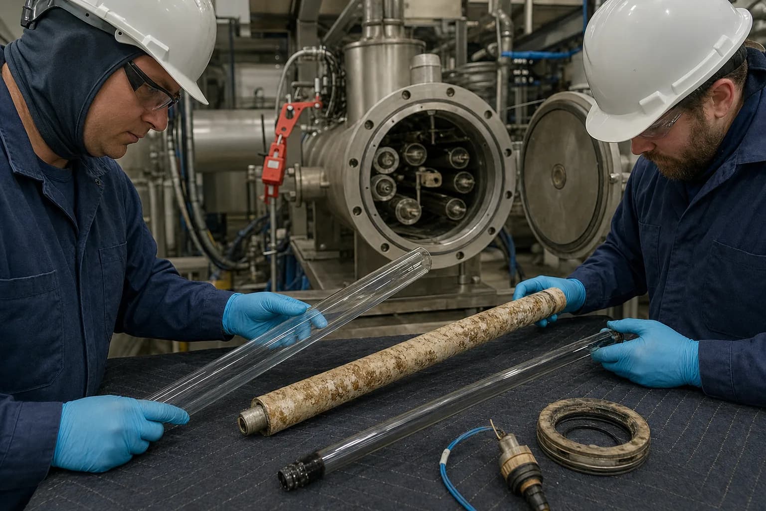Sleeve fouling and lamp aging turn equal electric power into less germicidal light：Clean quartz sleeve、Scaled or biofouled sleeve、UV lamp and end connection、Seals, sensor, maintenance isolation