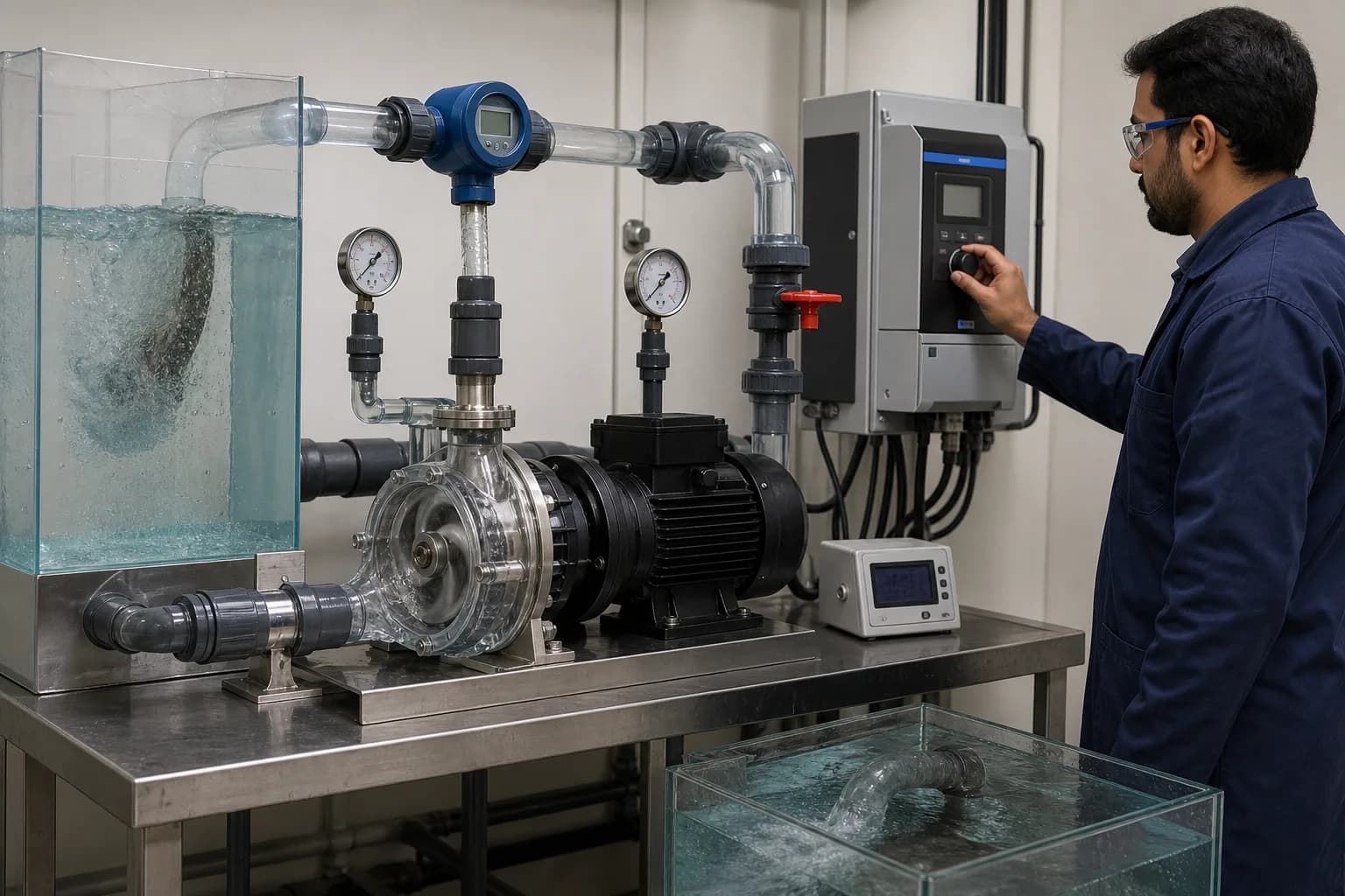 A transparent test rig measures frequency, speed, flow, head and power together：VFD frequency and rpm、Measured flow Q、Suction/discharge pressure、Impeller and real flow