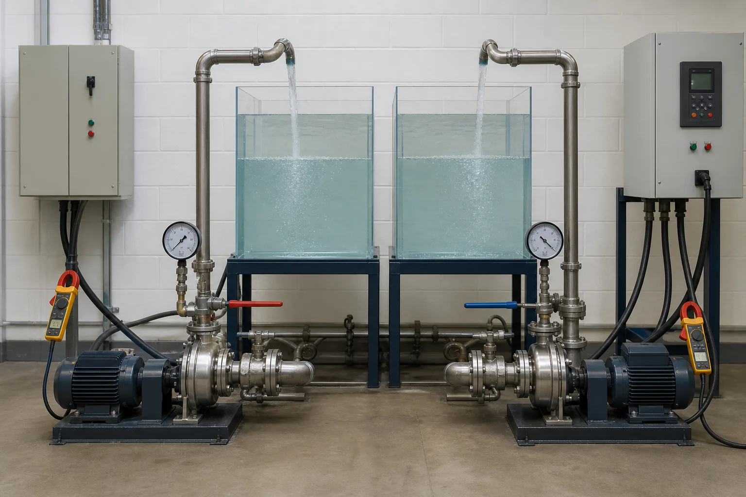 Compare throttling and speed control at the same delivered service：Constant-speed pump and valve、Pressure drop dissipated at valve、Variable-speed pump、Equal flow/pressure boundary