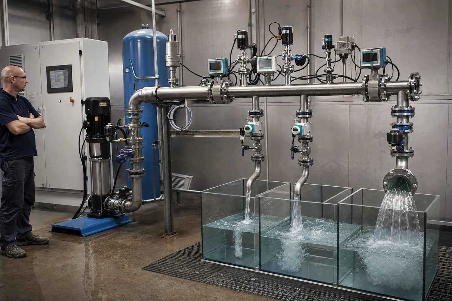 Variable branch demand makes sensor location and setpoint decisive：VFD pump and vessel、Header pressure feedback、Three changing branch demands、Valve/flow and critical point