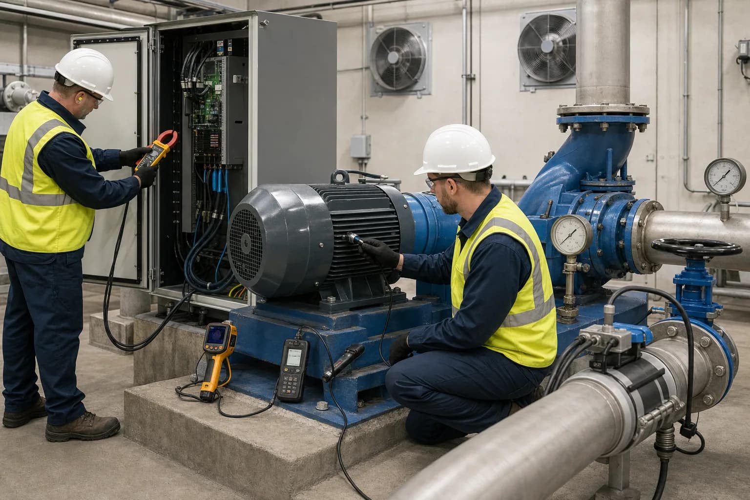 Final acceptance combines electrical, hydraulic and condition measurements：Three-phase VFD input power、Motor/bearing vibration、Suction/discharge total head、Flow and kWh per volume