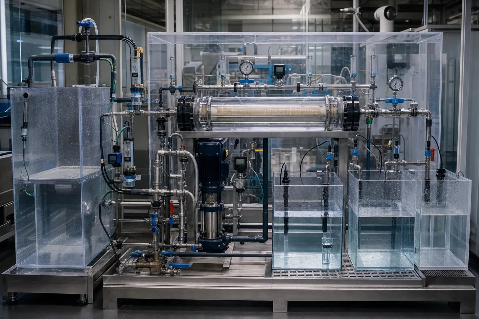 A transparent continuous pilot synchronizes Qf, Qp, Qc and three quality points：Feed tank Qf/Cf、Membrane and operating pressure、Permeate Qp/Cp、Concentrate Qc/Cc